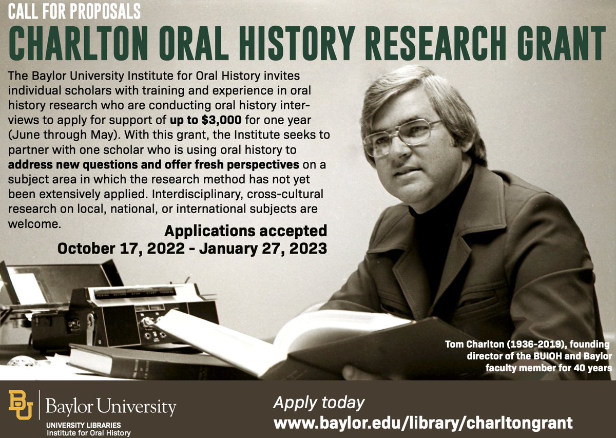 Calling all oral historians! 

The <a href="/BaylorOH/">BU Oral History</a> Charlton #oralhistory Research Grant application deadline is fast approaching! Don’t miss this chance for up to $3000 in funding to support your oral history project. Applications close next week on January 27!
baylor.edu/library/charlt…