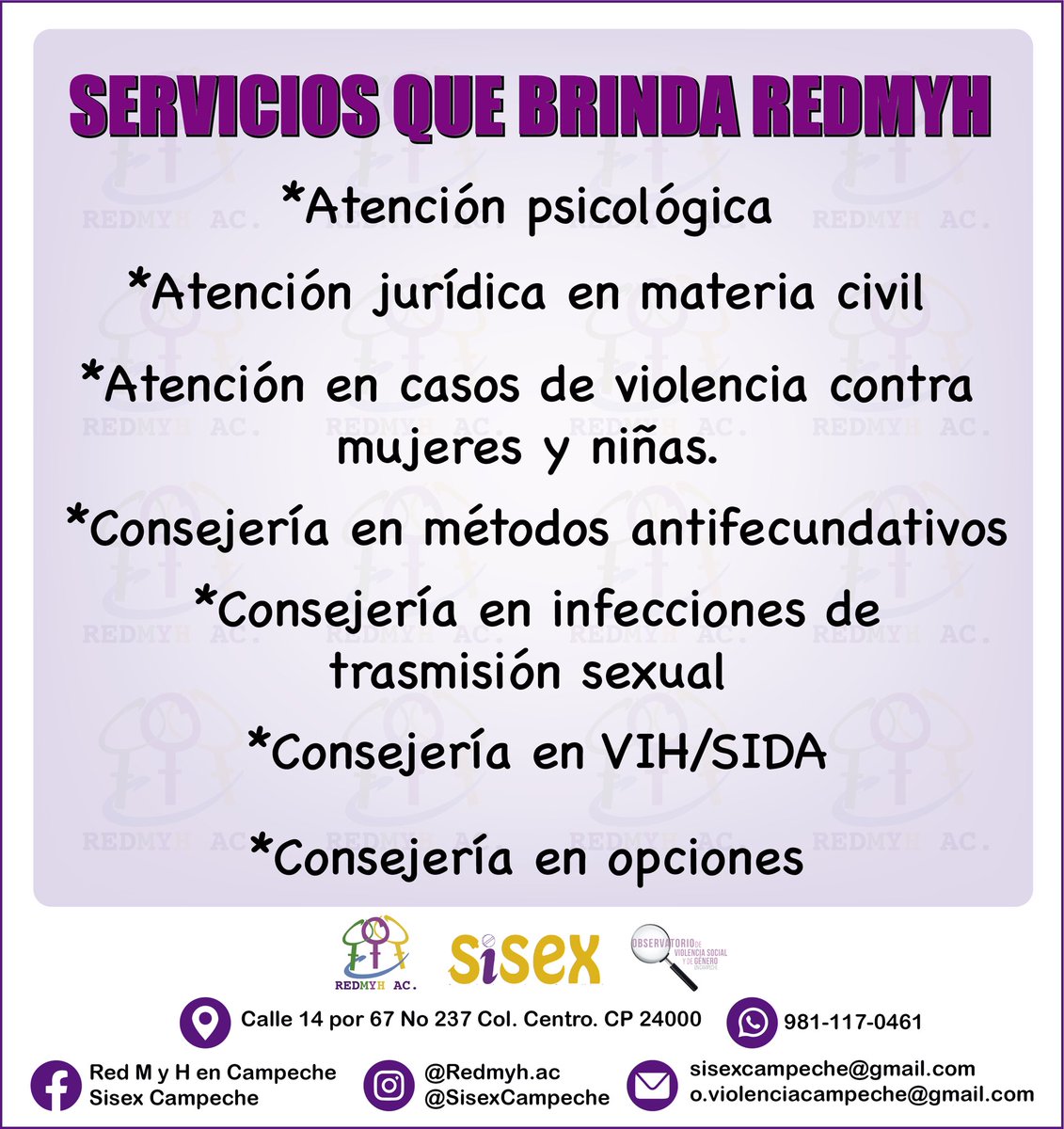 En REDMYH podrás encontrar estos servicios 🙌🏻✨
📍Estamos ubicadas en la calle 14 por 67, # 237, Col. Centro 

Sisex Campeche