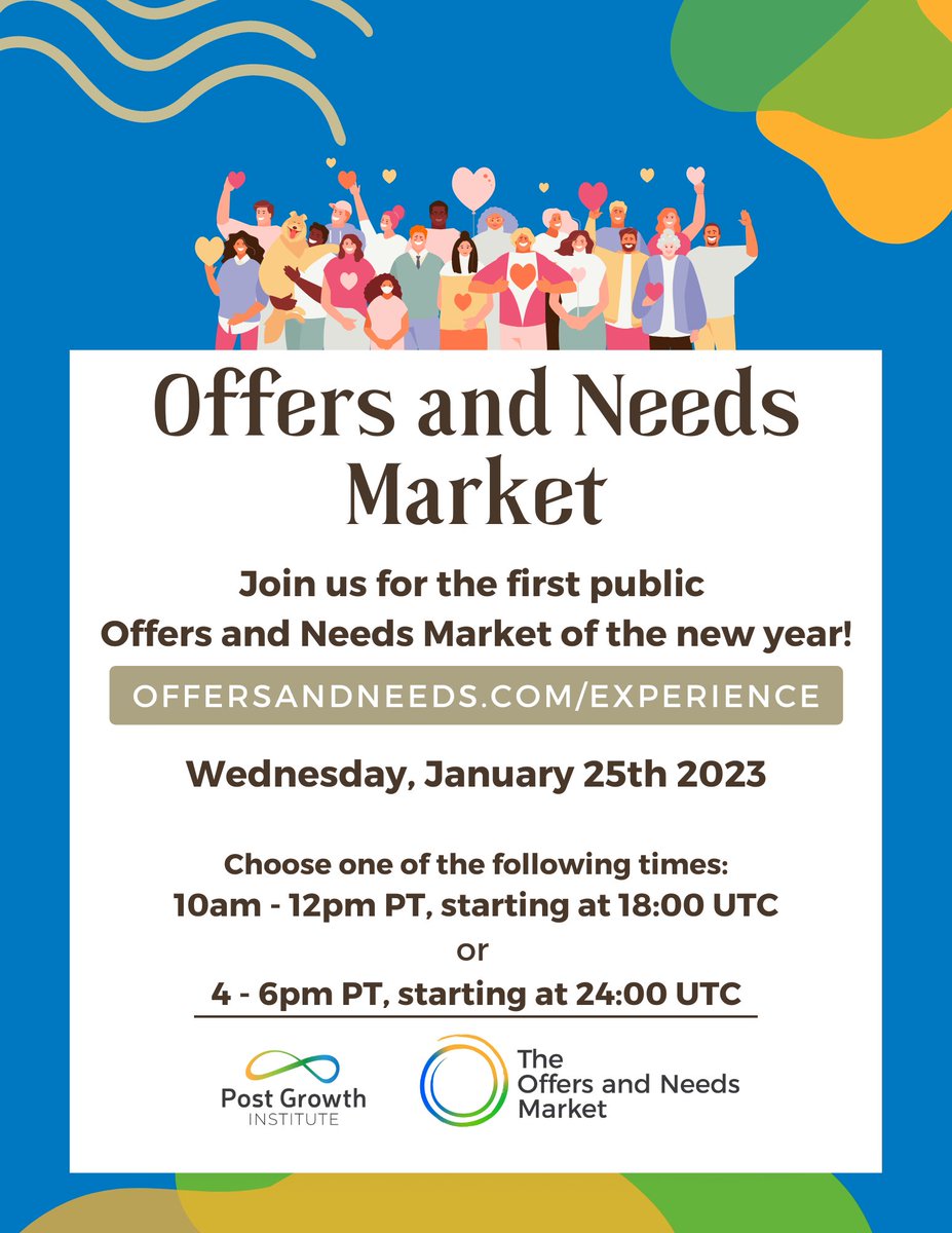 🎉Exciting news! The year's first Offers &amp; Needs Market (OANM) will be on Wednesday, 1/25. Experience #postgrowth in action thru guided facilitation + meet interesting people from around the world! 2 sessions offered, register for free: offersandneeds.com/experience/. #community  #share