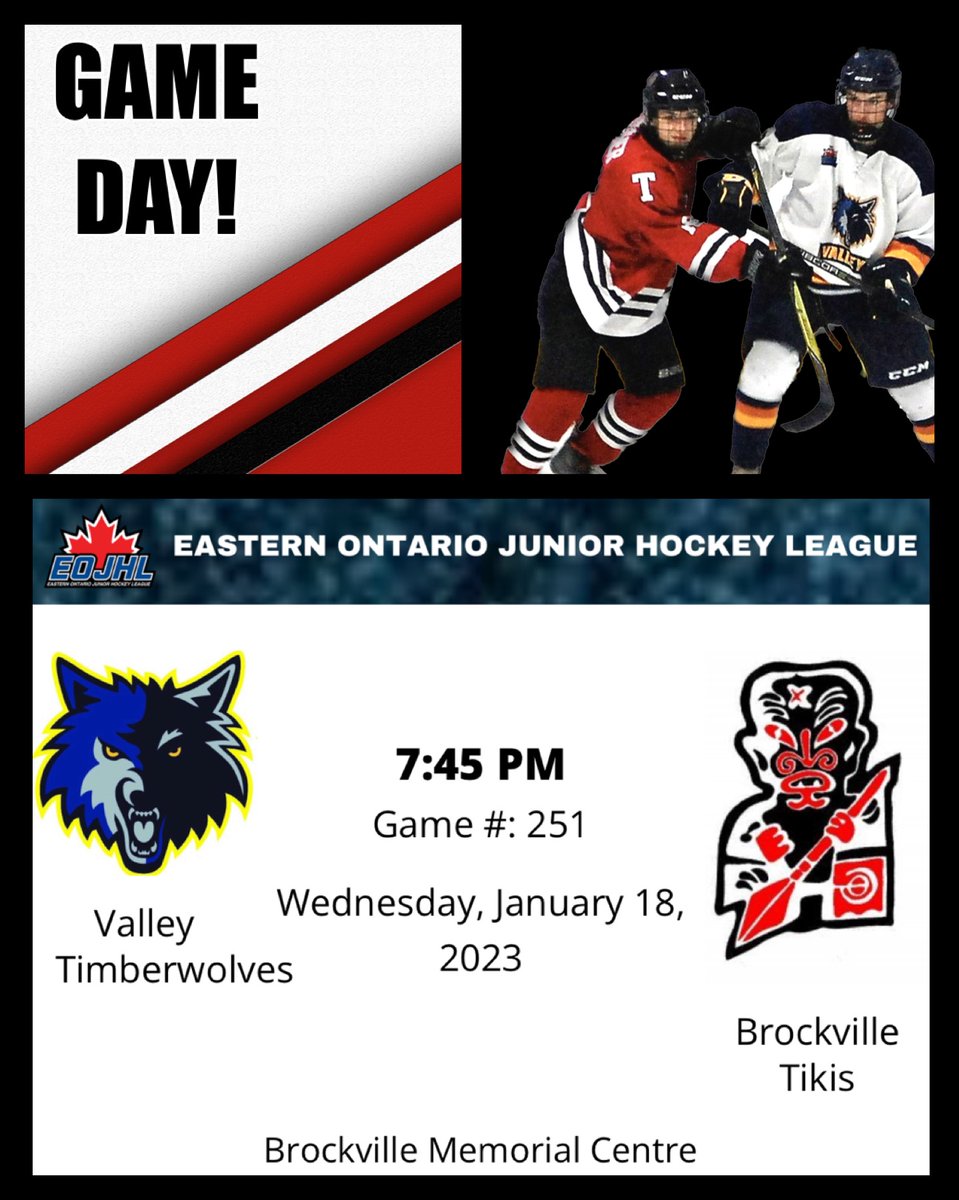 🚨GAME DAY!🚨 Your Brockville Tikis are on home ice tonight for a match against the Valley Timberwolves <a href="/JrBTimberwolves/">Renfrew Timberwolves</a>. Puck drop at 7:45pm. Let’s roll Teeks!! <a href="/theEOJHL/">The EOJHL</a> #TikisGameday #tikitime #brockvilletikis #rollteeks #EOJHL