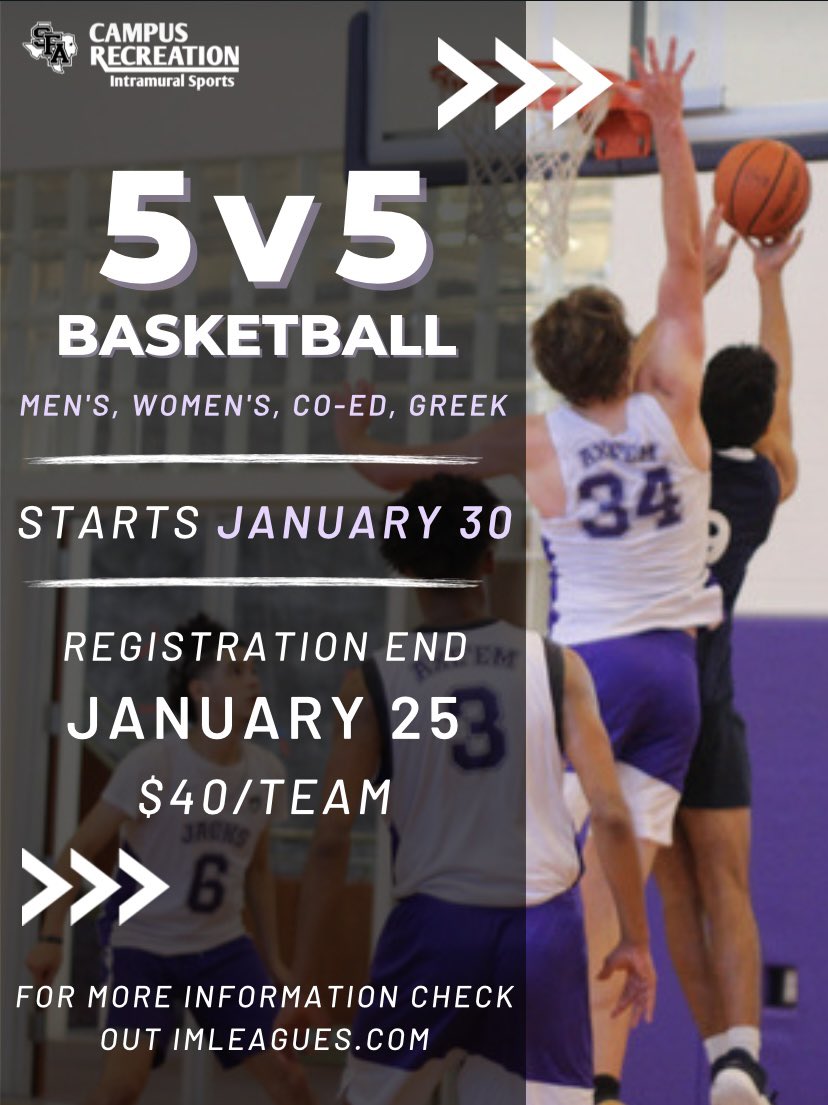 SFAIntramurals's tweet image. Don’t miss your shot! 🏀Come sign up for basketball today or on Imleagues!Registration ends next Wednesday so stop by the registration desk to compete for the championship title! 🏆🥇Also we have  free agent teams available!!!