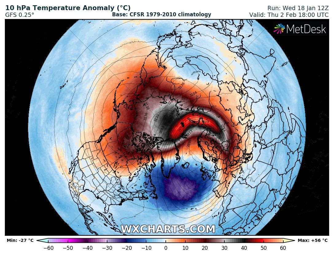 GJauseau's tweet photo. 🥶Scénario de GFS pour début février. Réchauffement prononcé du vortex polaire stratosphérique, le déstabilisant &amp; augmentant le potentiel de #froid. 
⚠️ Bon. L'échéance est trop lointaine. Impossible de déterminer ce qui va se passer. Ça restera pertinent à surveiller. https://t.co/3BhBqlQkIL