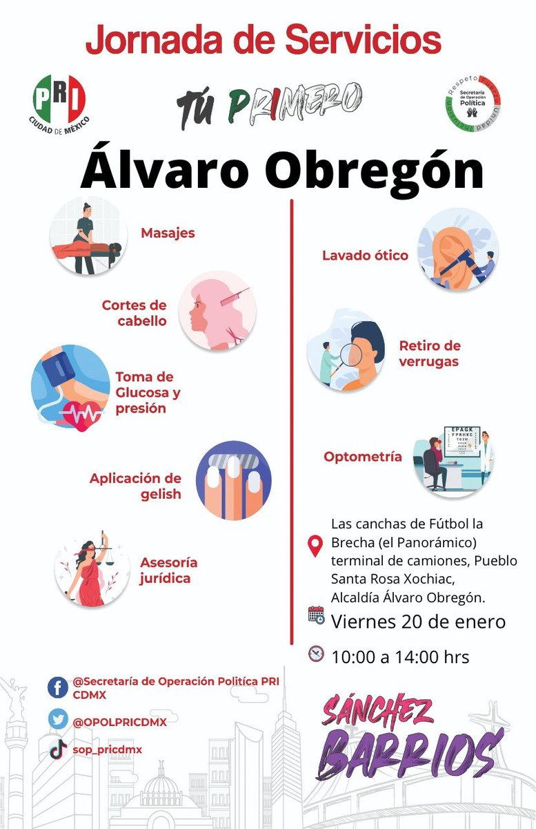 OPOLPRICDMX's tweet photo. 🔴¡EMPEZAMOS ESTE 2023 CON NUESTRA JORNADA DE SERVICIOS! Los esperamos este viernes 20 de enero de ⏰ 10 a 14hrs en📍Las canchas de Fútbol la Brecha (el Panorámico) a un costado de la terminal de camiones, Pueblo Santa Rosa Xochiac, Alcaldía Álvaro Obregón.🙌🏼
#PorBuenRumbo 🇲🇽 https://t.co/JFwD6HK0gx