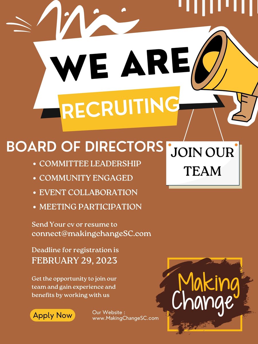 Making Change is seeking passionate and dedicated individuals who would be a valuable addition to our Board of Directors.  For more information on how to apply and details on the role visit:  makingchangesc.com/team

#NonProfit #MakingChange #BlackExcellence