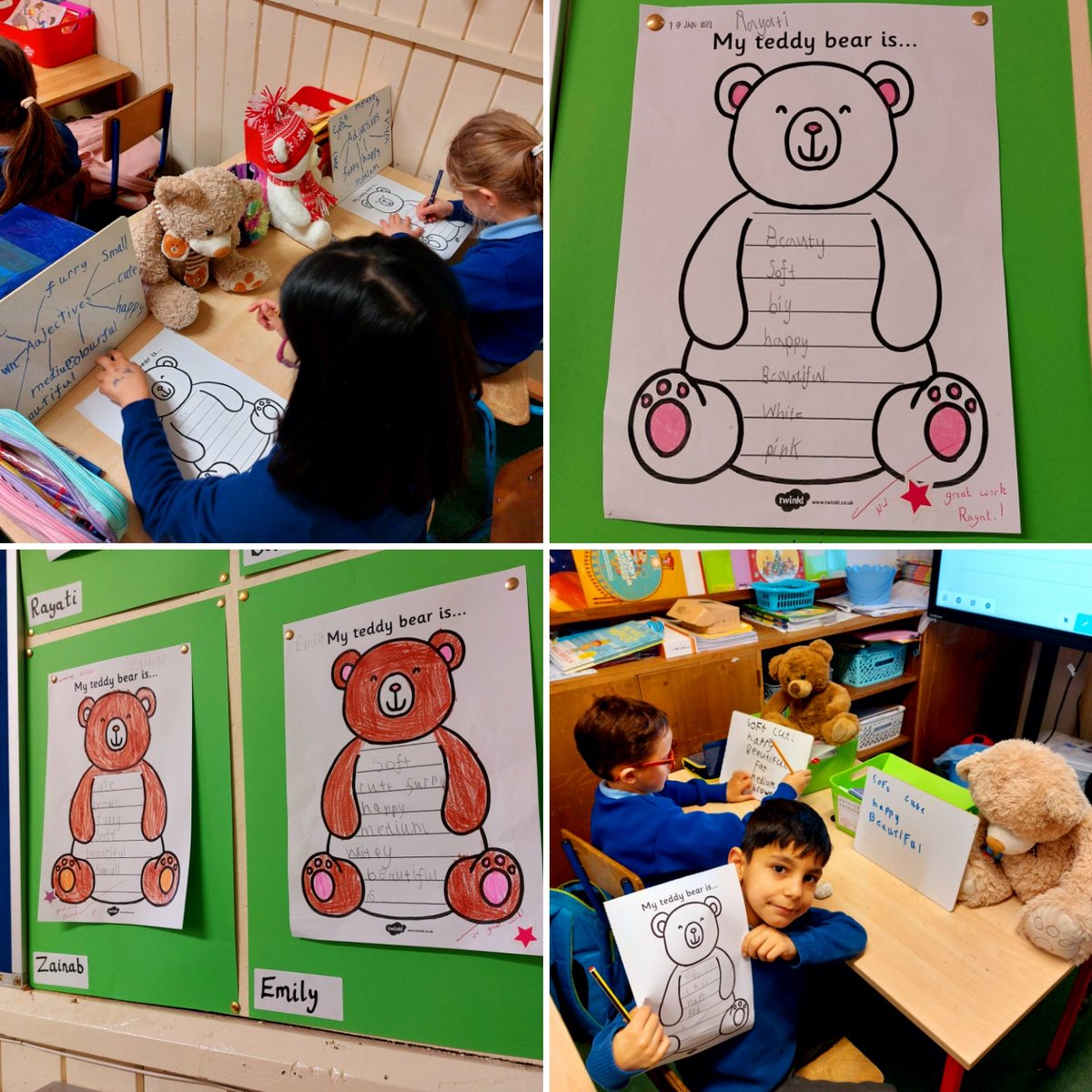 We had some special visitors in the Holly classroom today - our Teddy Bears. Even Ms. Walsh brought her Teddy Bear to school! We were learning about the history of Teddy Bears. We also wrote about our teddies using adjectives. #literacy #adjectives #history #SESE @edco_ie 🧸🧸🧸