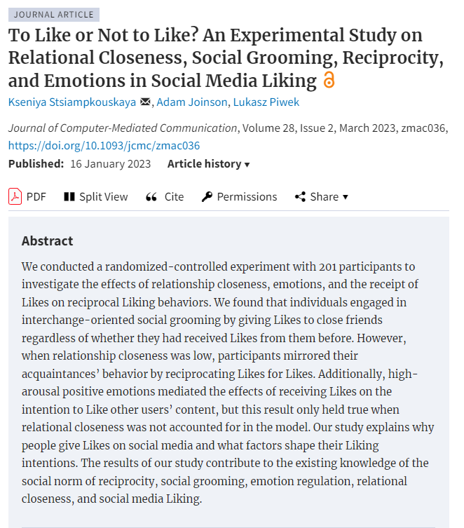 We are excited to announce the newest #jcmc publication “To Like or Not to Like?” by <a href="/stsiampkouskaya/">Kseniya Stsiampkouskaya</a>, <a href="/joinson/">Adam Joinson</a>, and <a href="/lukaszpiwek/">Dr Lukasz Piwek</a>! Read it here: doi.org/10.1093/jcmc/z…