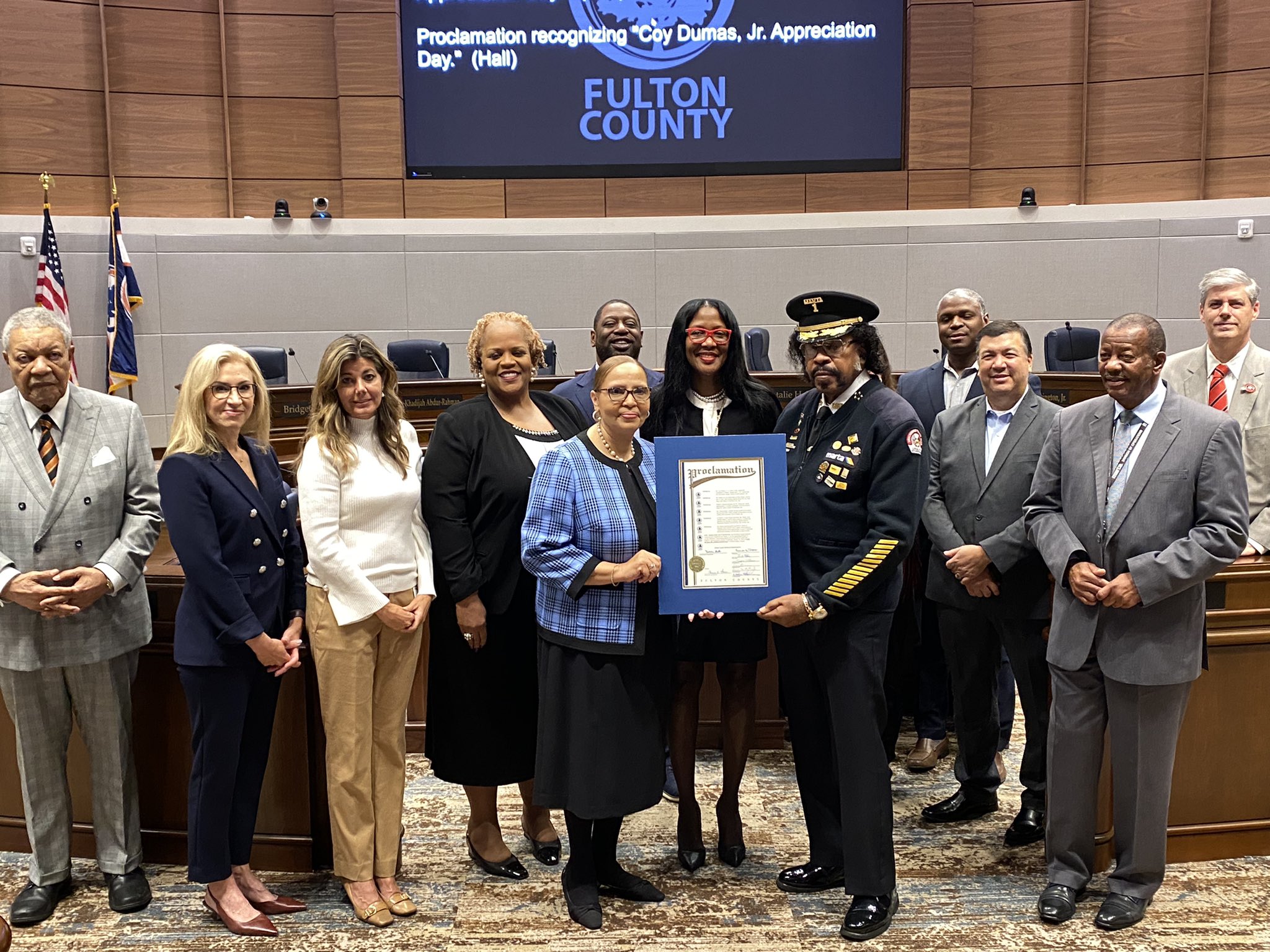 MARTA bus operator Coy Dumas, Jr. receiving a proclamation on behalf of the Fulton County Board of Commissioners recognizing January 18, 2023 as “Coy Dumas, Jr. Appreciation Day” in Fulton, County, GA.