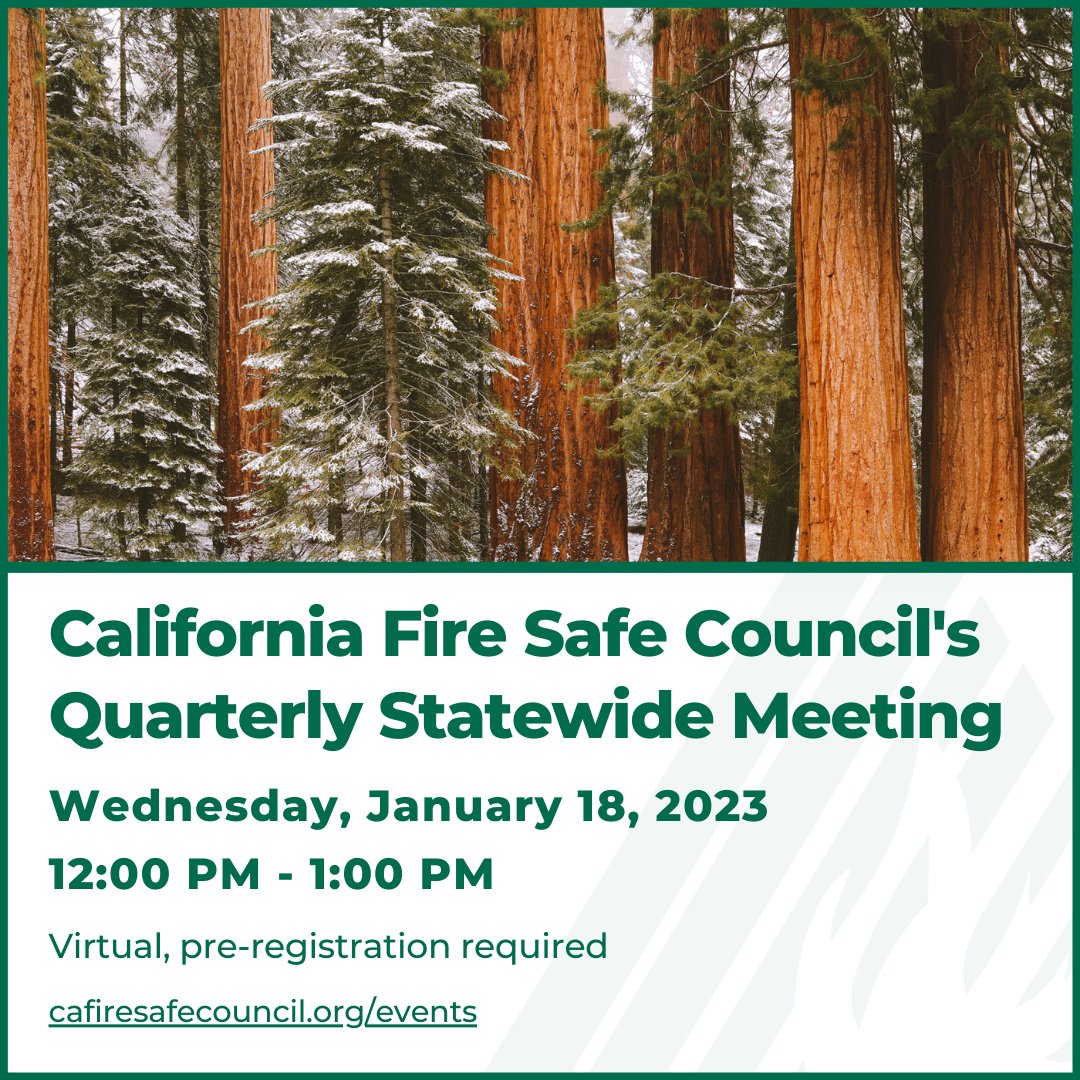 cafiresafe's tweet image. Tune in at 12PM for CFSC's first Quarterly Statewide Meeting of 2023! Pre-registration is required. 

Click the link below to register 👇us02web.zoom.us/meeting/regist…

#CFSC #FireSafeCommunities