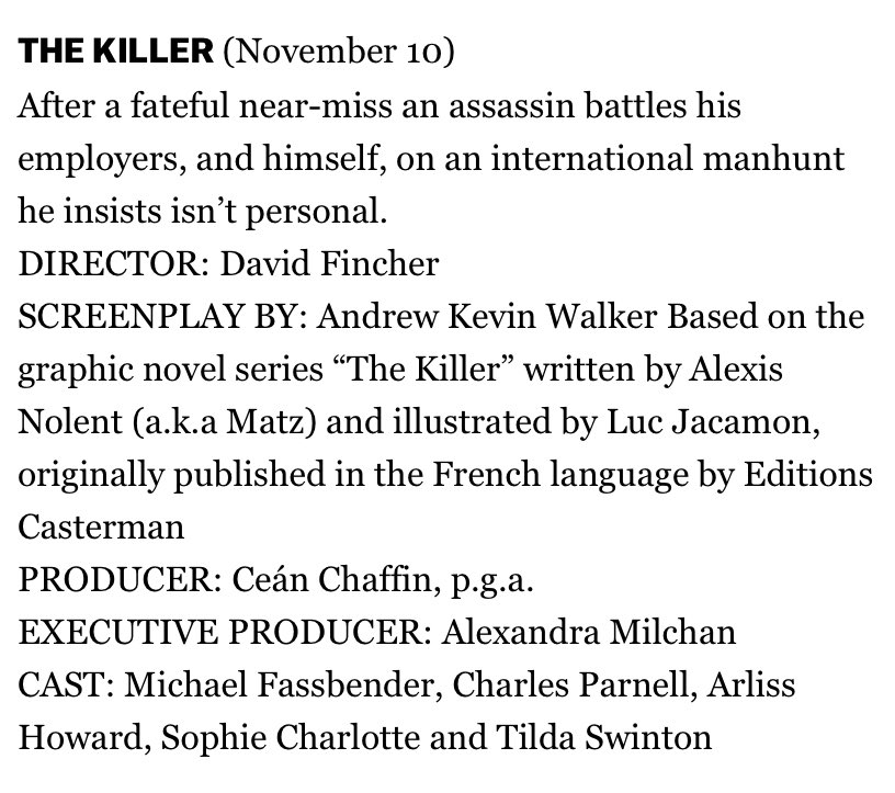 ZvenThe's tweet photo. Can’t wait for The Killer.
Michael Fassbender seems to be a perfect choice.
#TheKiller #DavidFincher #Matz #LucJacamon https://t.co/Z9jJzG3Rvl