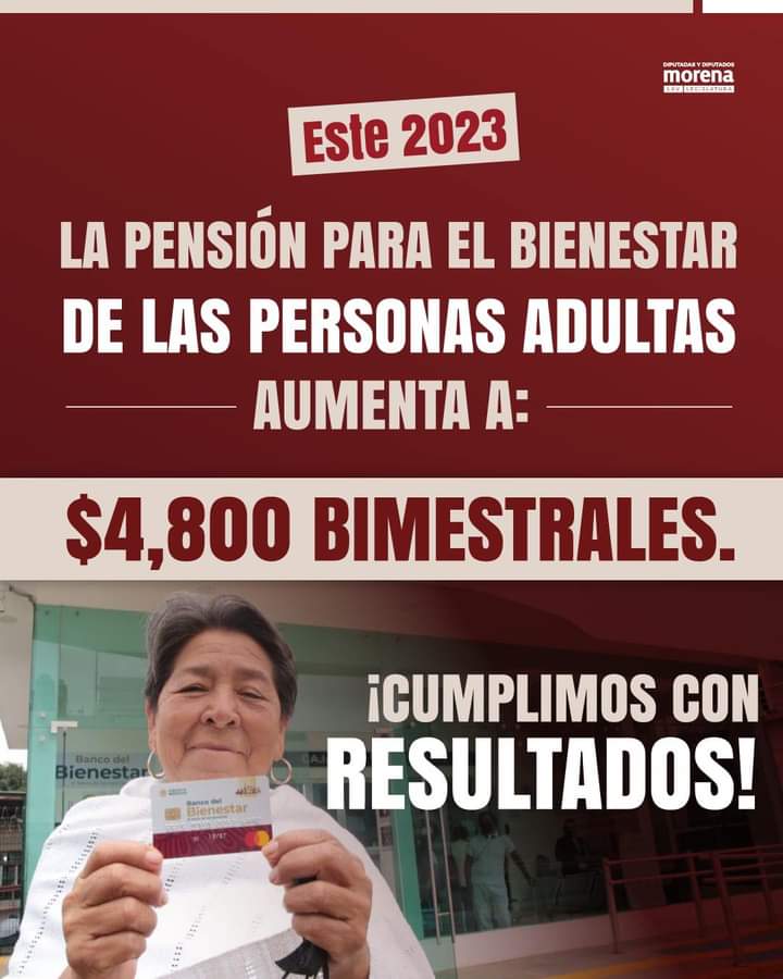 ¡Cumplimos con orgullo para el pueblo de México! 

Con la aprobación del #Presupuesto2023, la pensión del bienestar se expande a cada rincón del país. 

Su aumento en 2023 demuestra nuestro compromiso por mejorar la calidad de vida de nuestros adultos mayores. 🧓🏼 🇲🇽