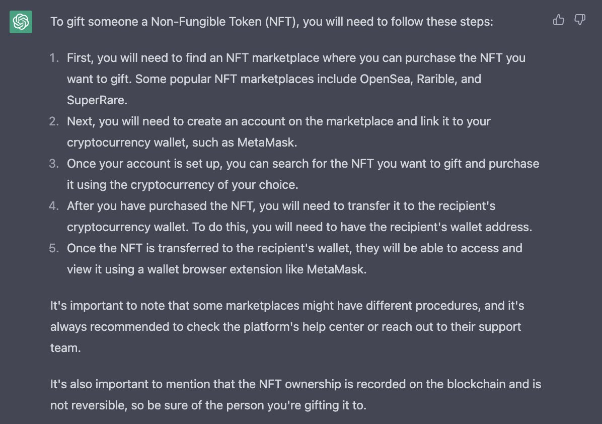 gift_metacard's tweet photo. We asked #ChatGPT to sum up all the steps to gift someone a NFT 🧐

And indeed, it's overwhelming for most people 👎

To reach mass adoption, sending a #NFT shouldn't be that complex ❌

👉 Tomorrow, we will explain how simple the Metacard process works, stay tuned ⚡️🎁 https://t.co/d8uOUMFv6d