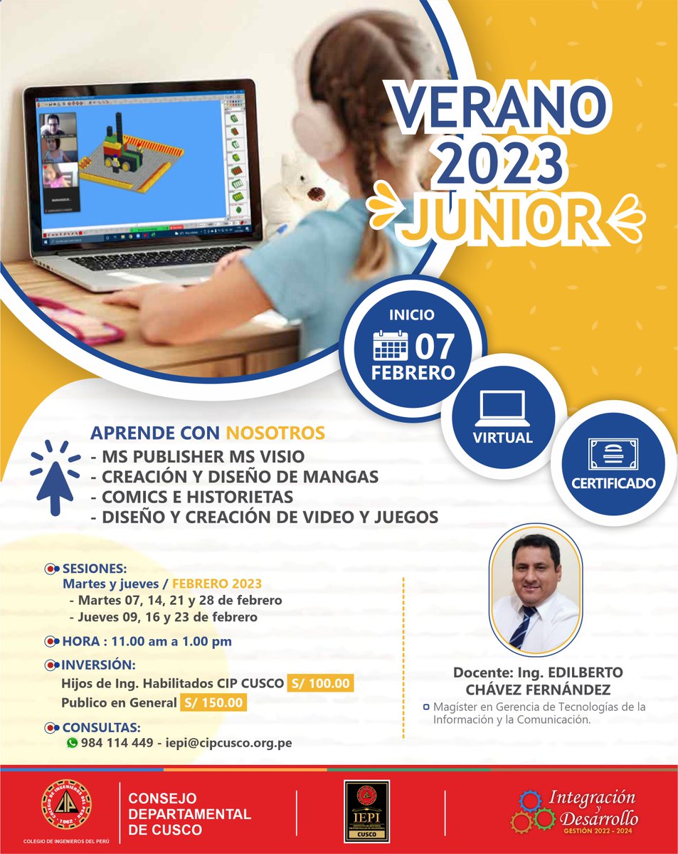 cipcusco's tweet photo. 👧👦 VACACIONES 2023 ❝JUNIOR❞

📝 Inscripciones: https://t.co/arV8mrWnMt

🗓 INICIO: Martes 07 de FEBRERO

💻 Aprende con nosotros:
✅ MS PUBLISHER
✅ MS VISIO
✅ CREACIÓN Y DISEÑO DE MANGAS
✅ COMICS E HISTORIETAS
✅ DISEÑO Y CREACIÓN DE VIDEO Y JUEGOS

⚙️ #CIPCusco https://t.co/tS4TY3n4UM