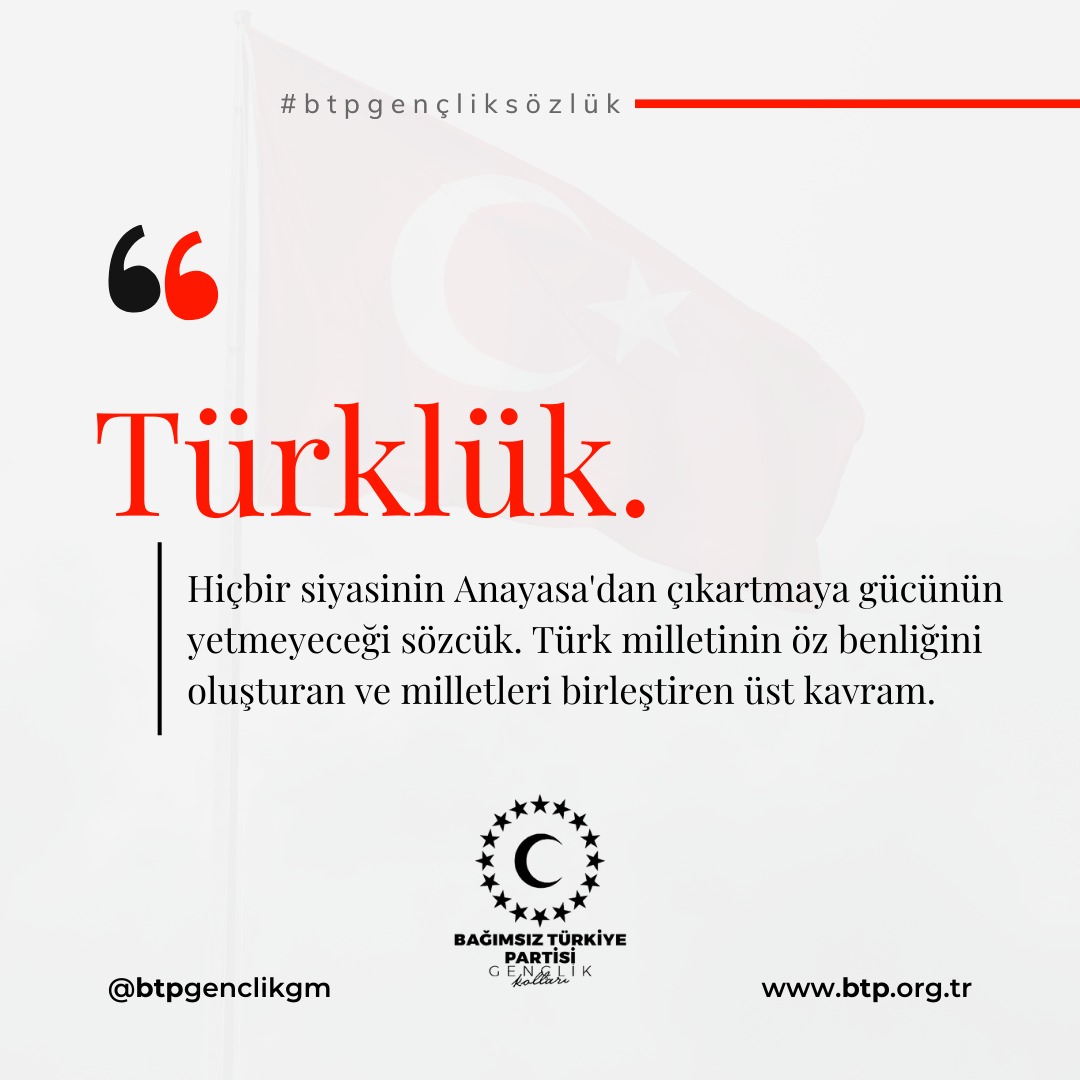 TÜRKLÜK: Hiçbir siyasinin Anayasa'dan çıkartmaya gücünün yetmeyeceği sözcük. Türk milletinin öz benliğini oluşturan ve milletleri birleştiren üst kavram.
#Türk #Türklük