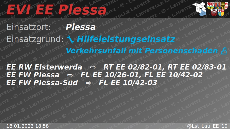🚨 18.01.2023 18:58 💥 👤 H:Verkehrsunfall-mit-P 🌐 Plessa 🚒 ⇨ FW Plessa, FW Plessa-Süd wachalarm.leitstelle-lausitz.de/dbrd/73fc2ce1-…
