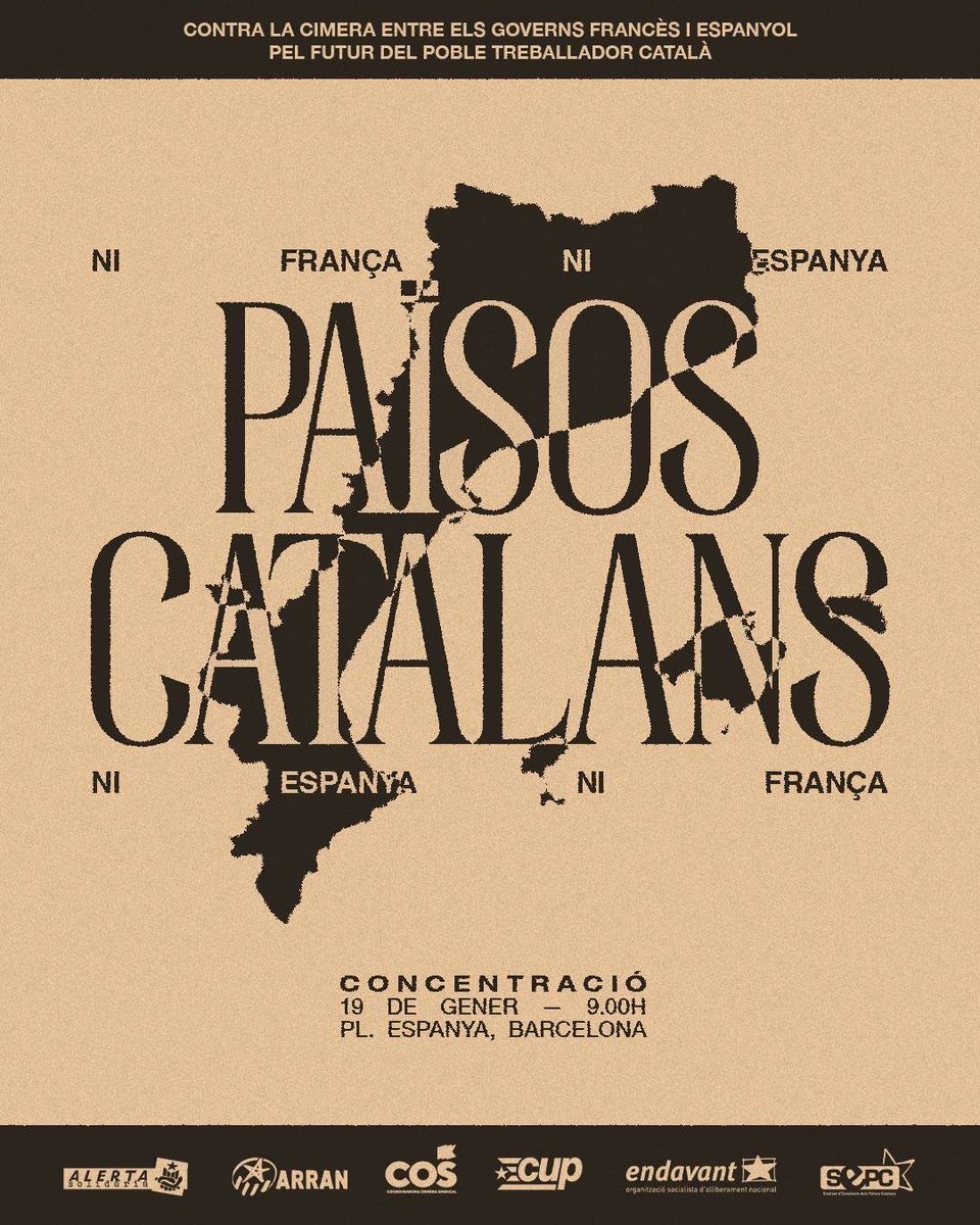✊🏽 Demà no ens deixarem trepitjar. Contra els projectes homogeneïtzadors dels estats espanyol i francès, tothom als carrers.

Ni França ni Espanya, Països Catalans!🔥