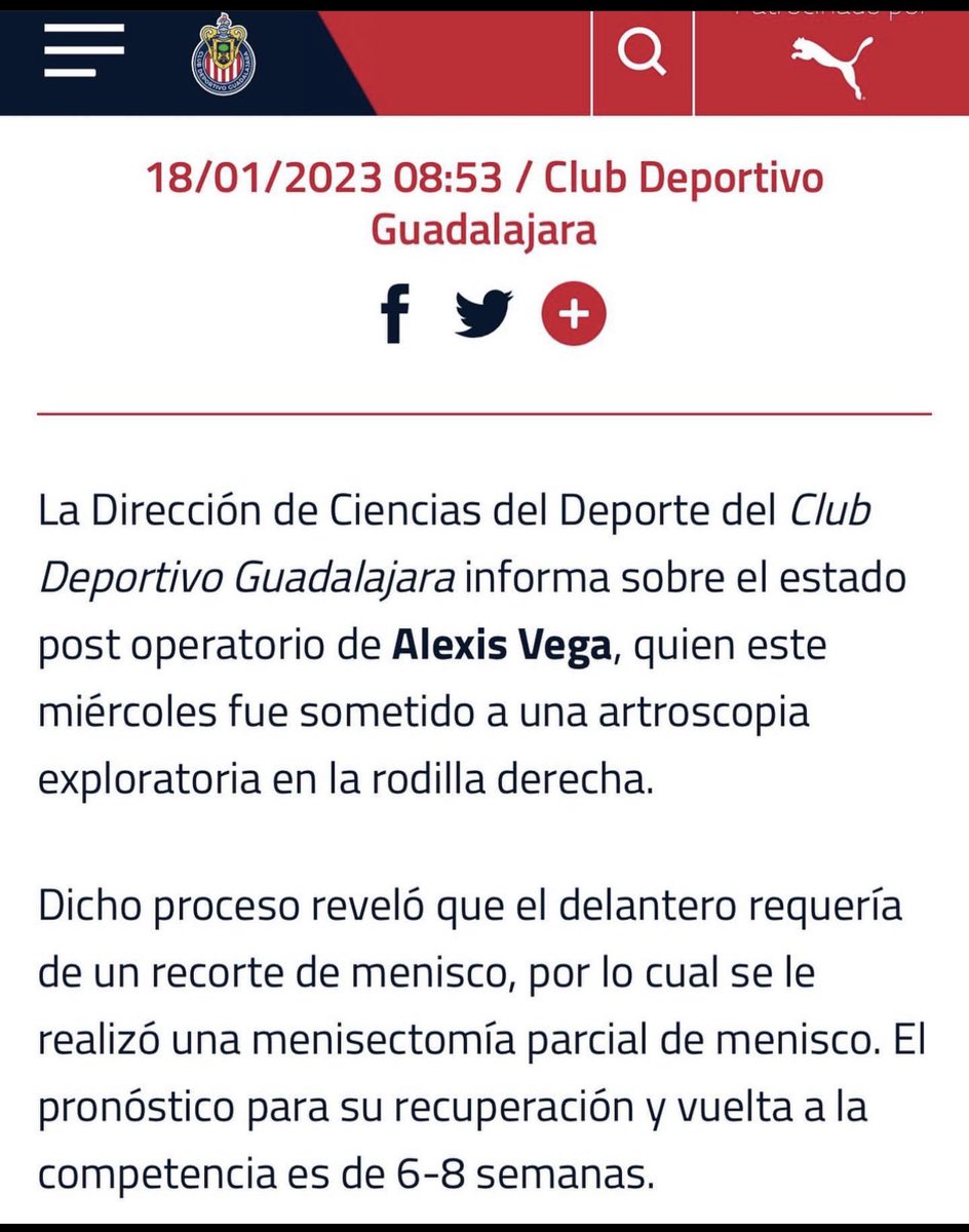 chiBar1906's tweet photo. Alexis Vega es baja de 6 a 8 semanas como ven? #chivas #alexisvega https://t.co/E39ove0MhI