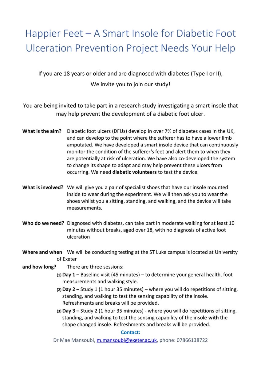 We are developing and testing a smart insole <a href="/ExeterMed/">Exeter Med School</a> <a href="/UniofExeter/">University of Exeter</a> <a href="/OfficialUoM/">The University of Manchester</a> to continuously monitor the condition of the sufferer’s feet and alert them of ulceration. If you are diabetic, age over 18 and living in Exeter, help us to test this device. #diabetes