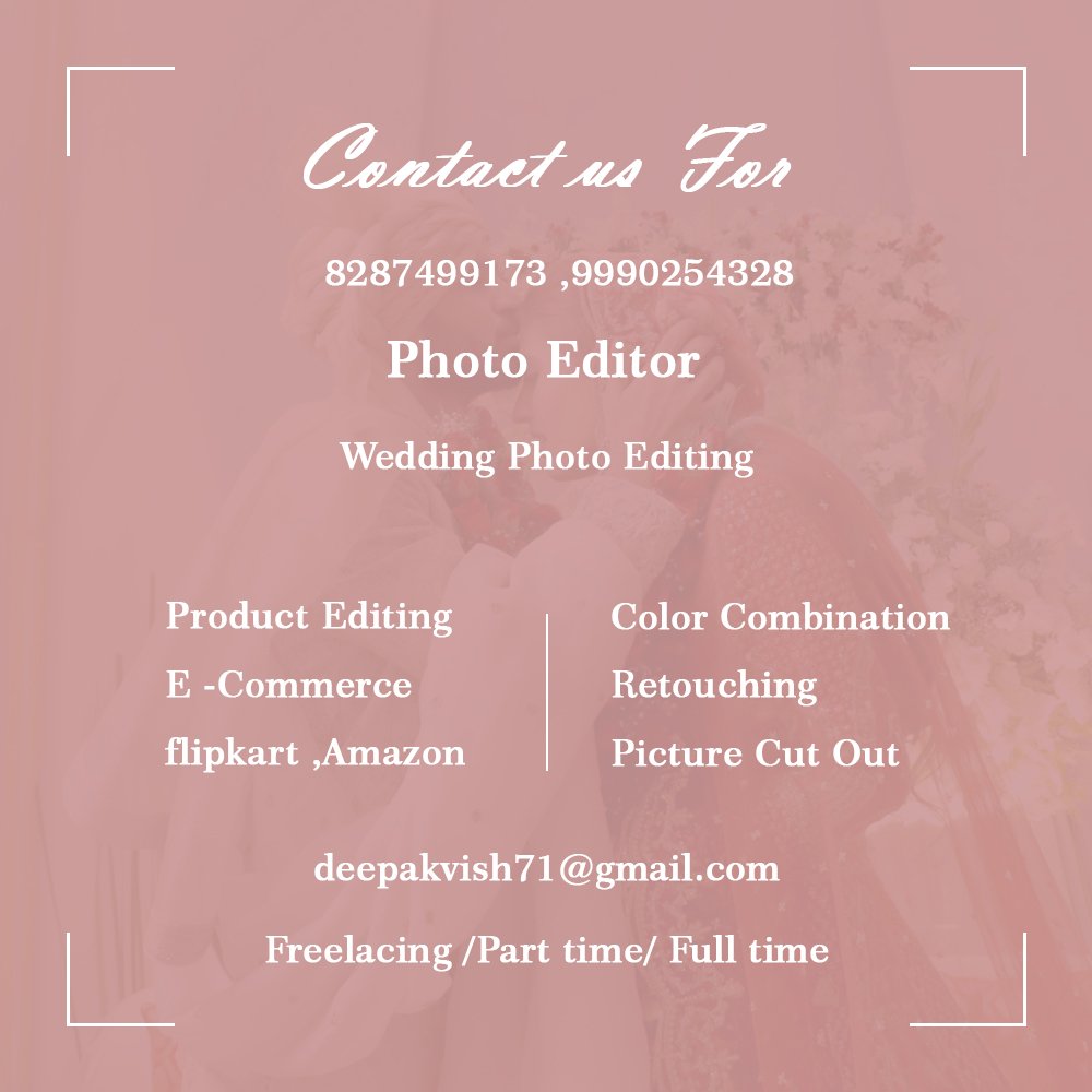 Deepak17101171's tweet photo. Contact Us for☎️

Wedding Photo Editing🖥️🖱️

#photography #photoshoot #editing #instawood #instagram #wedding #instapost #preweddingshoot #photooftheday #photo #india #freelancer #photographer #photoshop https://t.co/XjNQ95c78R