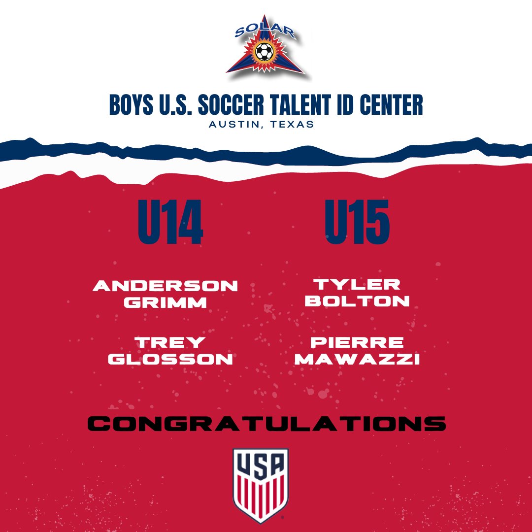 SolarSoccerClub's tweet image. Congratulations and good luck to the following players selected to attend the BOYS U.S. Soccer Talent ID Center in Austin, TX!! Show up and show out today!! #SolarProud ⚽️