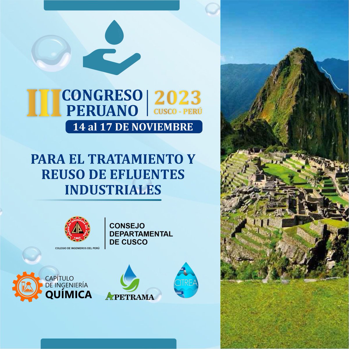 cipcusco's tweet photo. #CIPCusco ➕ #Apetrama ➕ #citrea

3er. CONGRESO PERUANO
💧 ❝PARA EL TRATAMIENTO Y REUSO DE EFLUENTES INDUSTRIALES❞

🗓 14 - 17 de noviembre 2023
📌 Sede CUSCO (presencial)

⚙️ #CIPCusco
🤝 Integración y Desarrollo 👷🏻‍♀️👷🏻‍♂️
https://t.co/IK7gbLAUl8 https://t.co/awbxu8r3kd