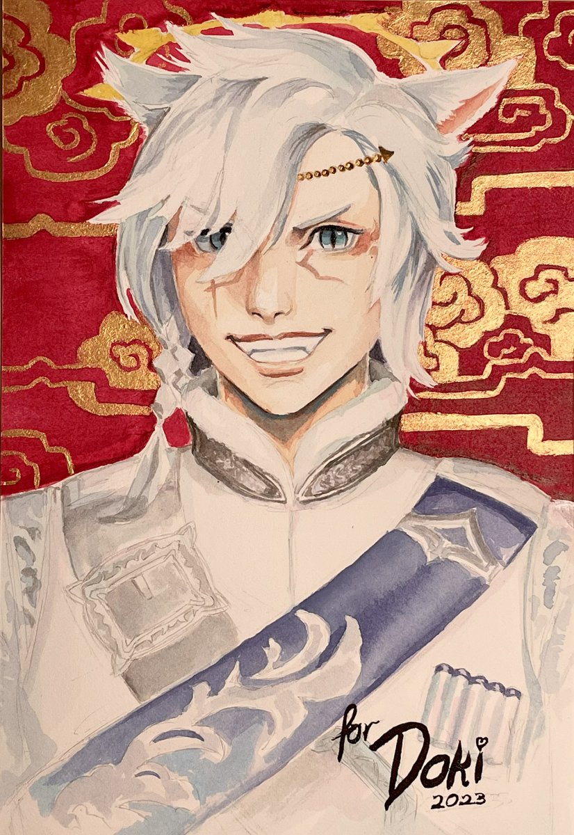 morecoffeedude's tweet photo. Ryota ♥️💛✨
Watercolour + red &amp; gold acrylic
#FFXIV https://t.co/u8Dpnw8LmE