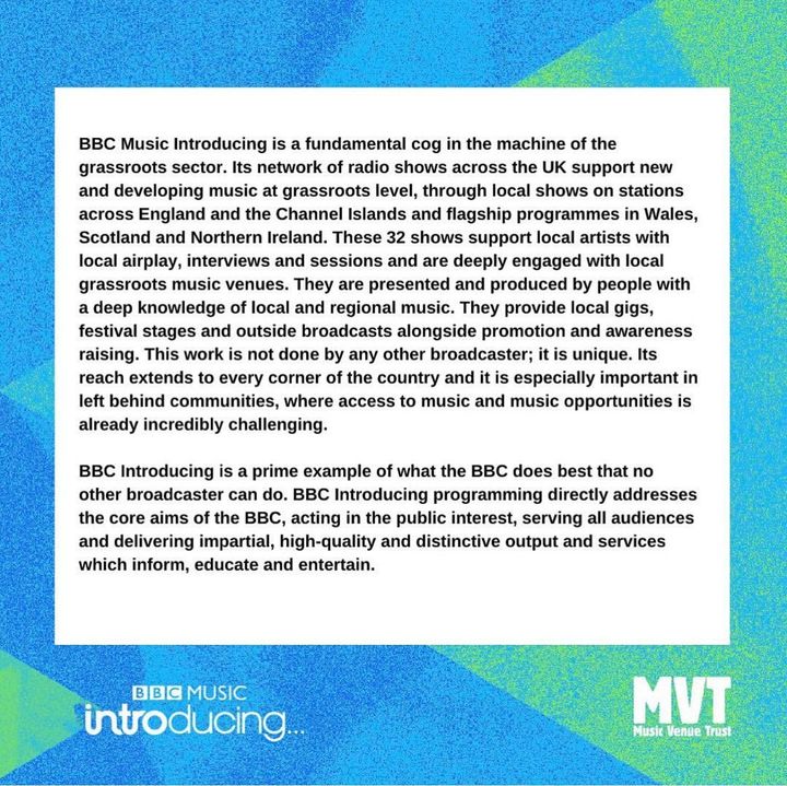 superfriendzlds's tweet image. Massive shouts to the @musicvenuetrust team on this open letter in regard to the national broadcaster @bbc on plans to restructure with the possibility of losing @bbcintroducing ✊🏻

Share this wide and far folks, we must #savebbcintroducing ❤️  

*Final slide in 2nd tweet