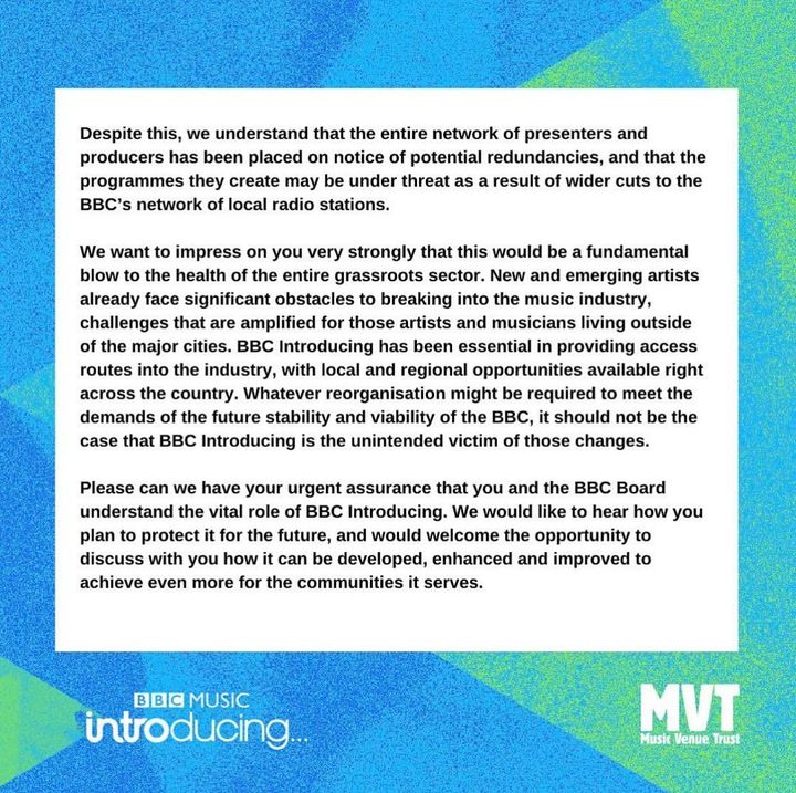 superfriendzlds's tweet image. Massive shouts to the @musicvenuetrust team on this open letter in regard to the national broadcaster @bbc on plans to restructure with the possibility of losing @bbcintroducing ✊🏻

Share this wide and far folks, we must #savebbcintroducing ❤️  

*Final slide in 2nd tweet