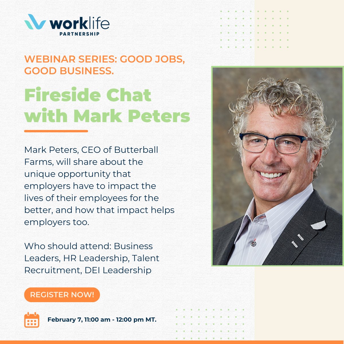 WorkLifePartner's tweet image. We are thrilled to host Mark Peters, a national job quality visionary, for a fireside chat on February 7 from 11:00 am - 12:00 pm MT. Register here: us06web.zoom.us/webinar/regist…