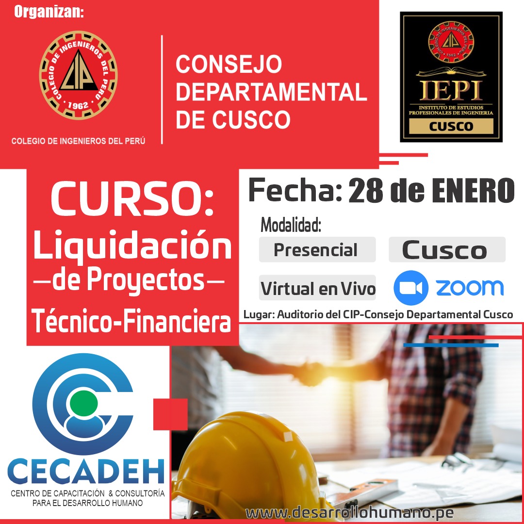 cipcusco's tweet photo. #CIPCusco ➕ #CECADEH

📌 CURSO-TALLER: LIQUIDACIÓN TÉCNICO FINANCIERA DE PROYECTOS DE INVERSIÓN PÚBLICA

✅ Fecha: Sábado 28 de Enero 2023

ℹ️ Informes:
https://t.co/Q2JJTocxuG
https://t.co/5whvRT06ZJ
📲 Whatsapp: 993064521 / 956272308 https://t.co/c7E03Vavq7