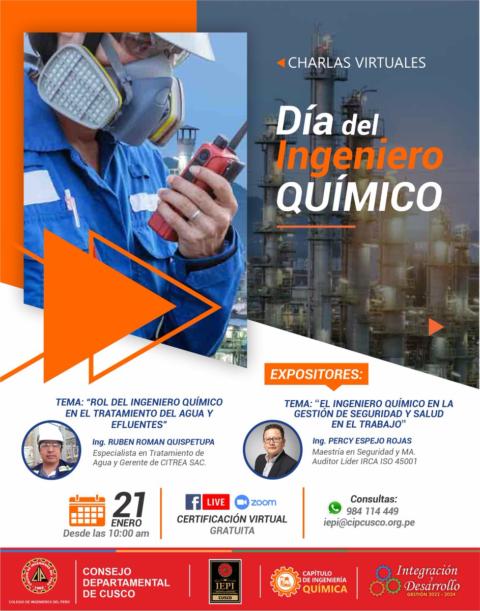 cipcusco's tweet photo. 👷 Charlas virtuales por el ❝DÍA DEL #INGENIERO #QUIMICO❞

📝 Inscripción: https://t.co/Se5uOntUS5

🗓 Sábado 21 de ENERO 2023
⏰ Desde las 10:00 am

📱 Consultas WhatsApp: https://t.co/RiHKBw5Ji6
📧 iepi@cipcusco.org.pe https://t.co/xrsNJxn9Rc