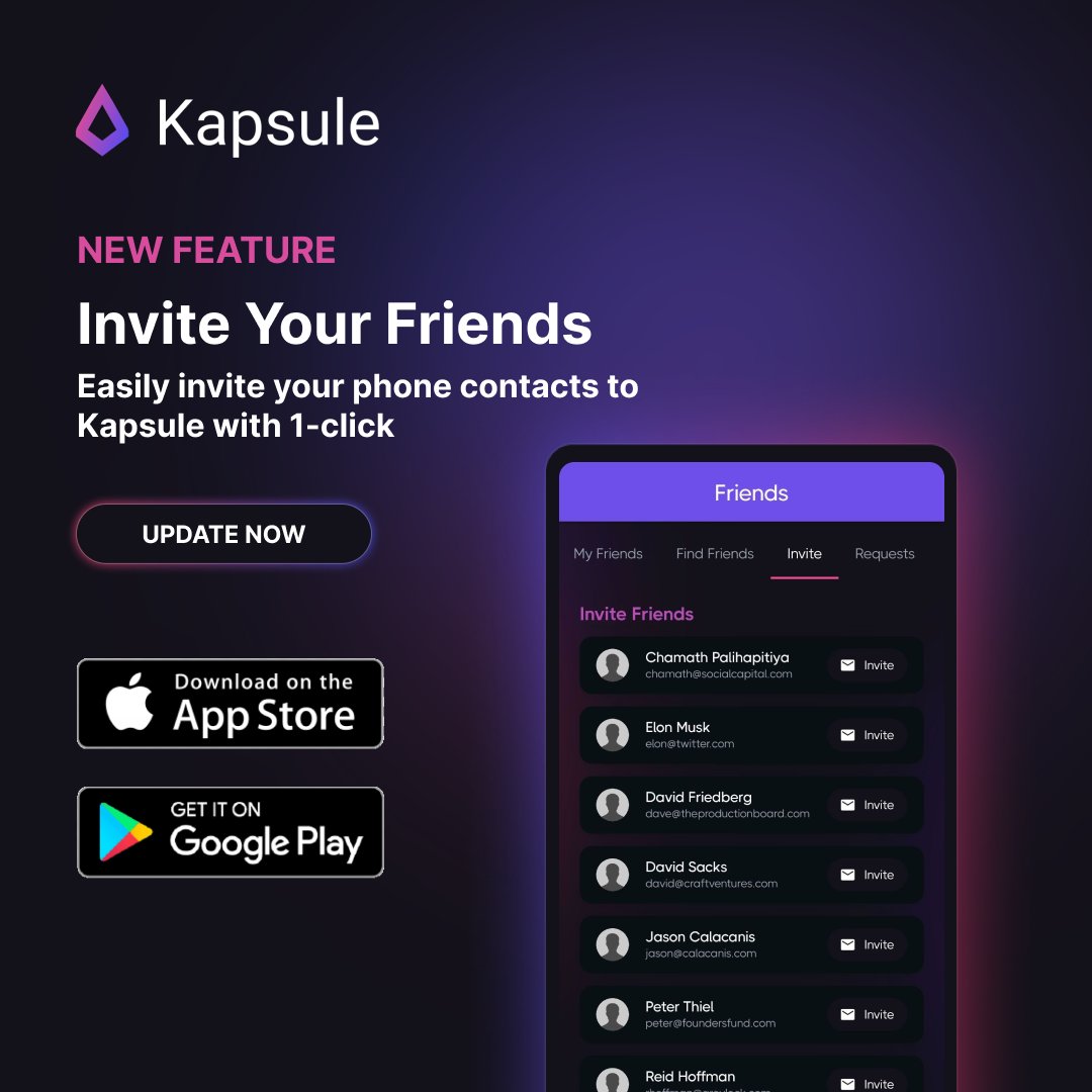 Kapsule_Me's tweet image. 📢 New Feature: Invite Your Friends 🔥

We know Kapsule is better with Friends. Now you can import your phone contacts and invite them to Kapsule with just one click.

Update Kapsule now:
 - Android: bit.ly/3HbVvOC
 - iOS: apple.co/3HehaFQ