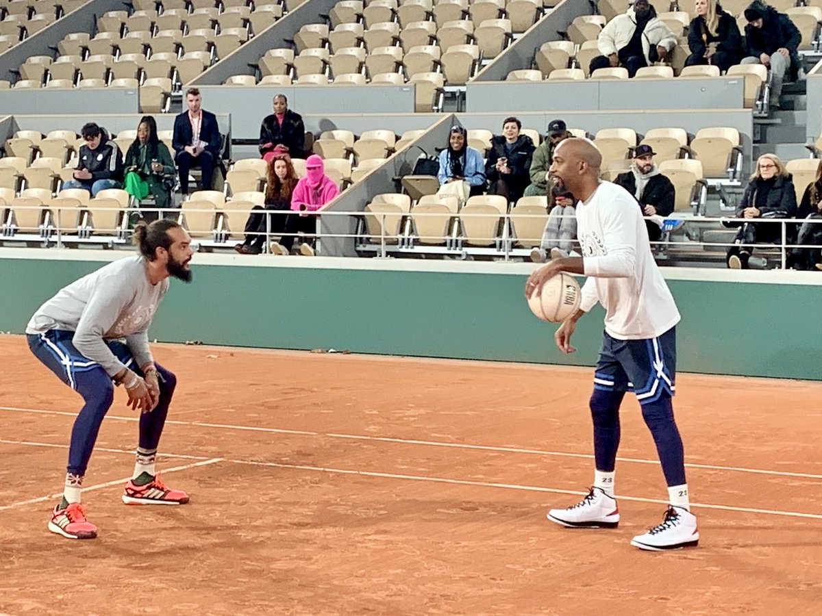 KCJHoop's tweet photo. From the “stuff you can’t make up” department:

40 years after his father, Yannick, won a historic French Open at Roland-Garros, Joakim Noah guarded Rip Hamilton on the famous clay court.

And of course Joakim broke out a defensive stance. https://t.co/3romkp9j63
