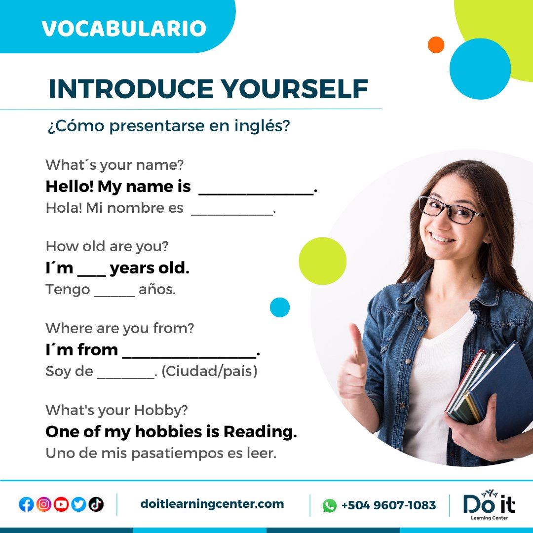 ☝️🤓 Today you are going to learn how to introduce yourself in English.

To introduce yourself in English, you have to know greetings, introductions, and leave-takings.

#vocabulary #Academiadeingles #Englishacademy #Honduras