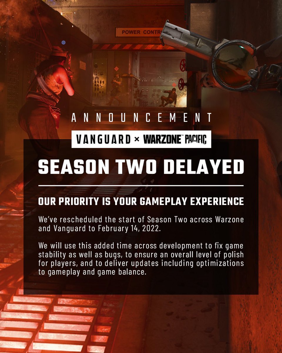 charlieINTEL's tweet image. You cannot make this up. 

On Jan 19, 2022, Vanguard Season 2 was delayed from Feb 2 to Feb 14 to fix issues and content. 

On Jan 18, 2023, Modern Warfare II Season 02 delayed from Feb 1 to Feb 15 to fix issues and add content. 

Have Activision executives not learned anything?