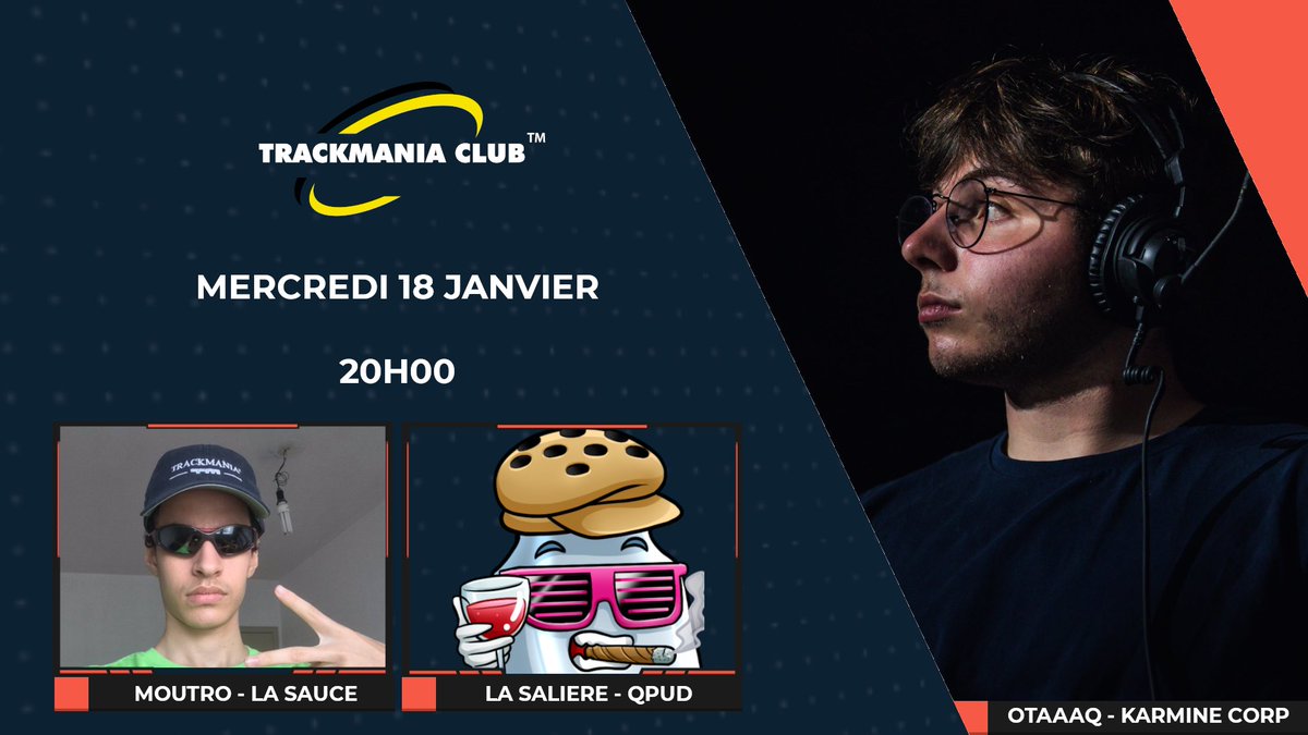 AleksRakkoon's tweet photo. 🔴 LIVE TRACKMANIA CLUB

- @DutrouPaul1 nous parlera de Question Pour un Drifteur
- @Moutronis rentrera plus dans les détails sur la création du projet LaSauce
- @OtaaaqYouen reviendra sur sa saison 2022 et son recrutement par la Karmine Corp

📺 https://t.co/SCn7d20FMv

 #TMClub https://t.co/RMuzlqOrHq