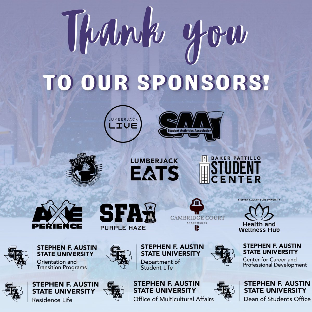 WHO’S READY FOR ROUND 2? 😱 Come out to our Winter Wonderland Block Party next Friday, January 27 from 7-10pm! ❄️ We’ll have robo-snowboarding, 🏂 a snow maze, ⛄️ a zip line, FREE T-SHIRTS and even more! 👏 We’ll see you there.

#sfa #axeemjacks #SFA24 #SFA25 #SFA26 #lumberjacks