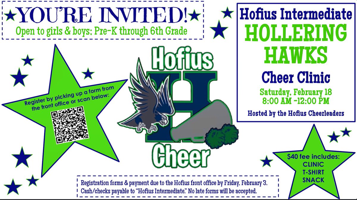 HofiusCheer's tweet photo. 💚REGISTER NOW FOR OUR ANNUAL HOLLERING HAWKS CHEER CLINIC! 💙

📣 Come spend the morning with us on Saturday, February 18th! Registration closes on Friday, February 3rd! 📣@HofiusKISD https://t.co/GlAWfaWe1B