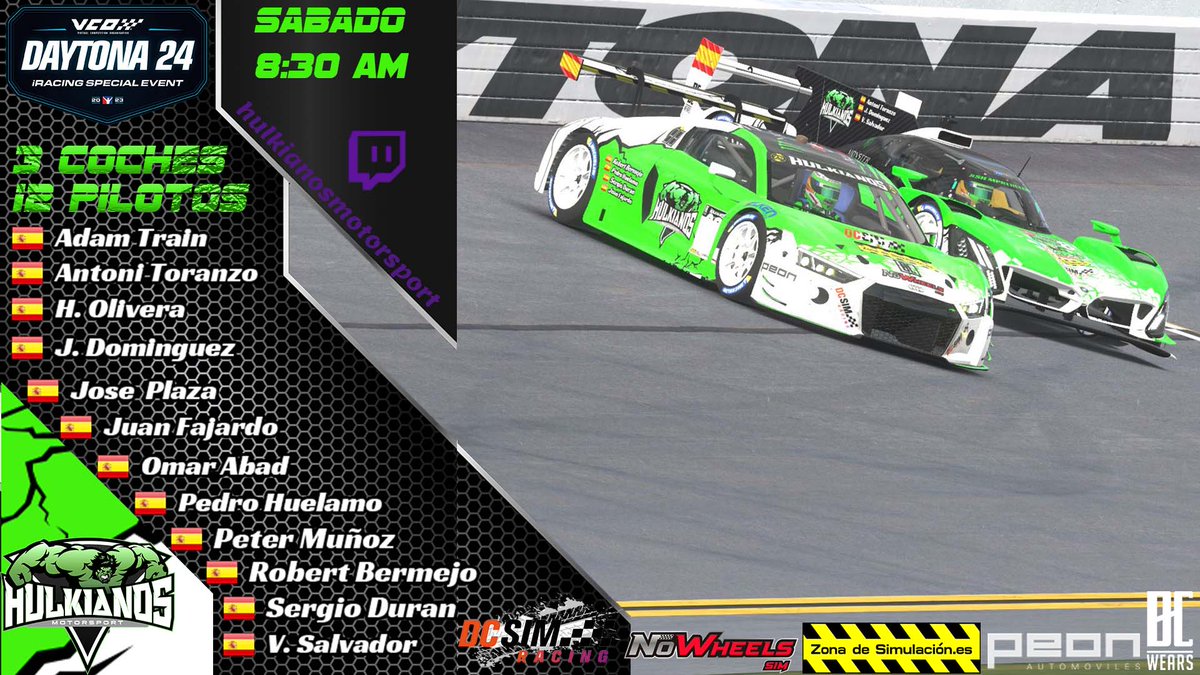 Este Sábado a partir de las 8:30 AM .........
12 valientes Hulkianos, repartidos en 3 coches, se enfrentaran a la Daytona24 de <a href="/iRacing/">iRacing</a> , podras verlo en directo en nuestro canal de twitch twitch.tv/hulkianosmotor…
Os esperamos a todos