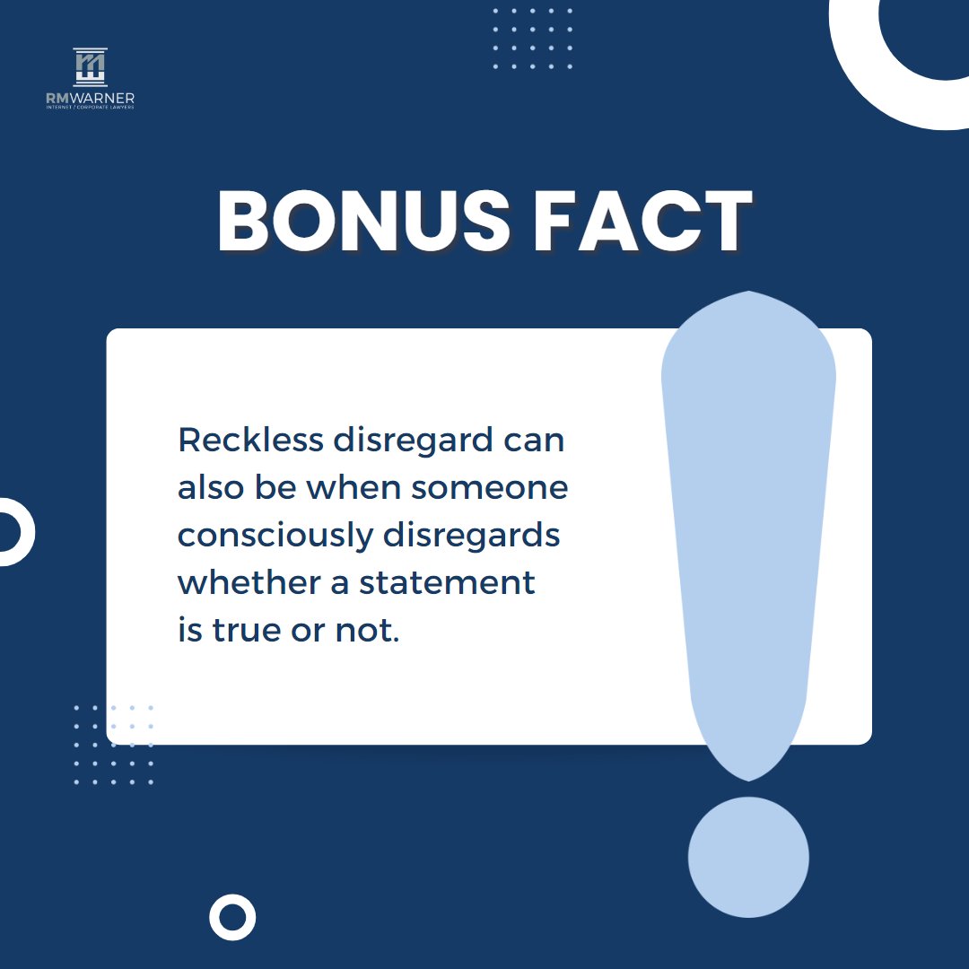 RMWarnerLaw1's tweet image. Reckless disregard is a term used in #defamationlaw. It allows a plaintiff to win a #defamationcase even if the defendant didn't know what they were saying was false. Ready to speak with a #defamationattorney? Click the link in our bio today to consult with a #defamationlawyer.