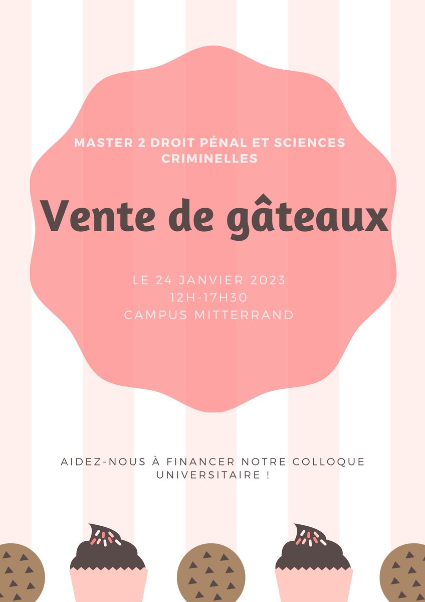 Le master DPSC reprend du service !

Retrouvez nous le 24 janvier sur le campus Mitterrand pour une nouvelle vente de gâteaux afin de financer notre colloque ! 🍰🥞