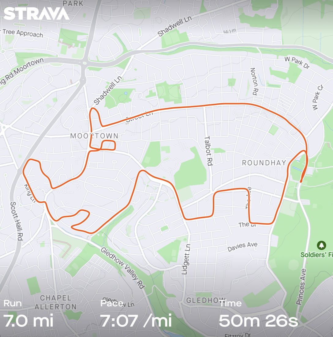 My 7th #LeedsRhino, 7 miles at 7:07 pace for @Rob7Burrow. Raising awareness of #MND & fundraising for @mndassoc & @LDShospcharity. Run a 🦏 for a @leedsrhinos legend. For route directions & optional fundraising see bit.ly/3FGOsgt