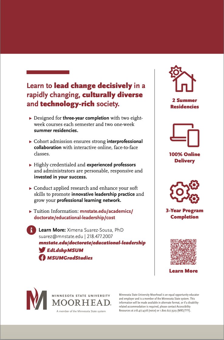 ◼️🔴 The Educational Leadership Doctoral Program faculty are reviewing applications for Cohort 7, which starts in Fall 2023. Join a great team of doctoral students, submit your application soon! Here are the admission requirements: mnstate.edu/academics/doct…. 🔥🐉🔥