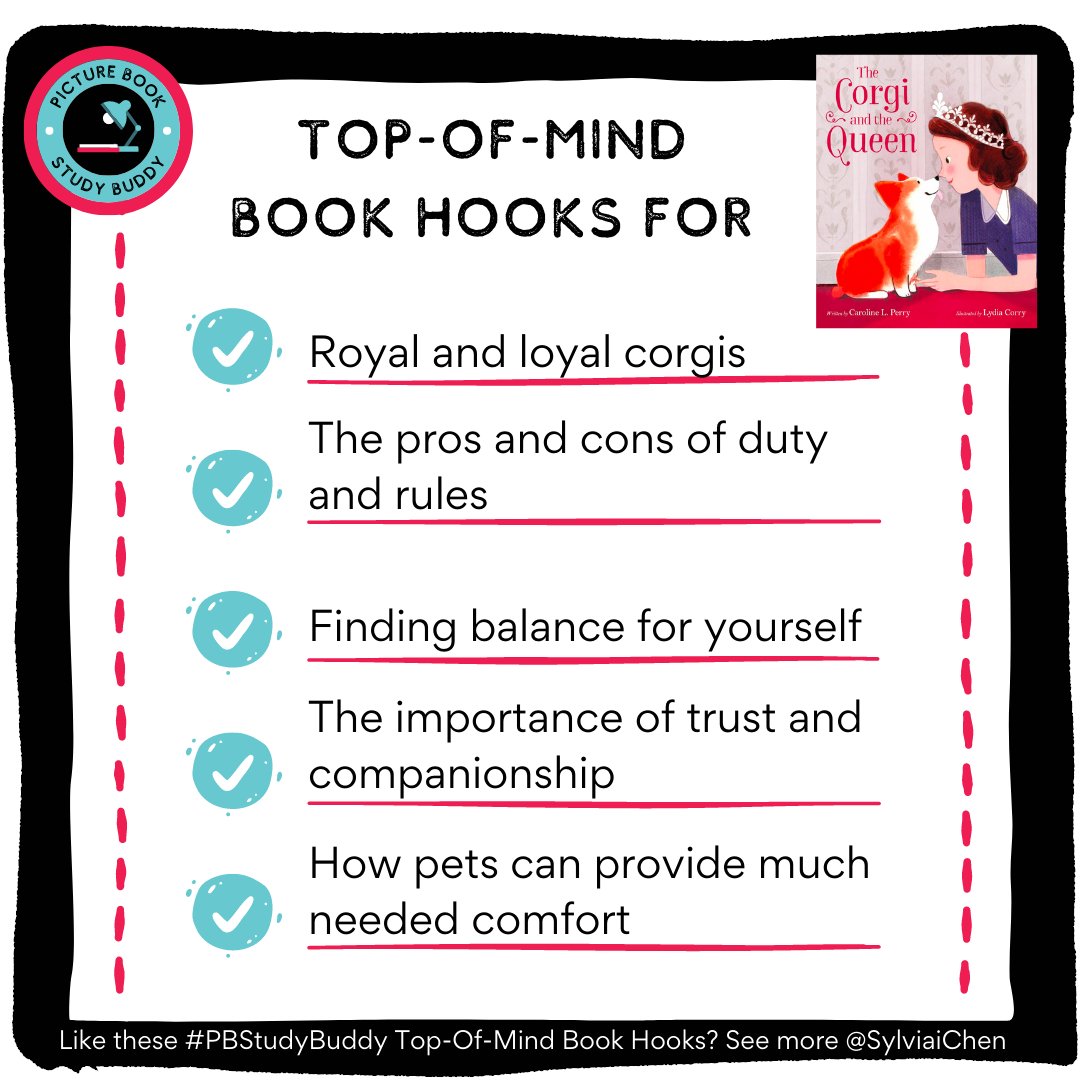 SylviaiChen's tweet photo. (4/5) #PBStudyBuddy Top-of-Mind Book Hooks: THE CORGI AND THE QUEEN (@Caro_Perry, #LydiaCorry, @MacKidsBooks). Please ❤️ 🔁 💬 to help boost this book and these incredible PB creators! #THECORGIANDTHEQUEEN #KidLit https://t.co/pFPcd8LFKq