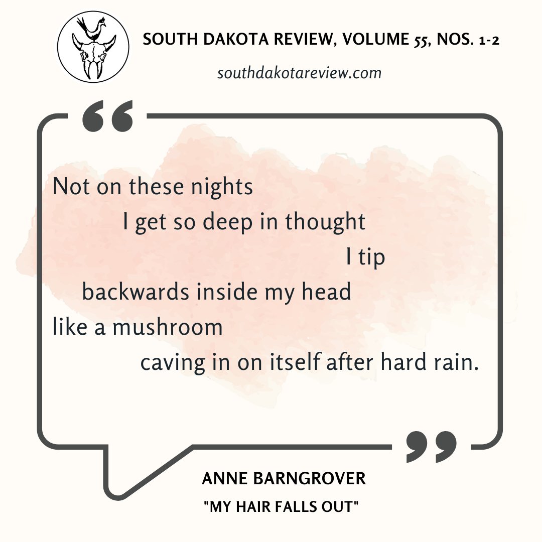 artichokeheart's tweet photo. From “My Hair Falls Out” by @Anne_Barngrover, @SoDakReview 55:1-2

Order here:
https://t.co/8q3cWbX4MP

#sodakreview #litmag #literaryjournal #literarymagazine #poetry #poem #poetrytwitter #writingcommunity #writers https://t.co/kMlMil5Qje
