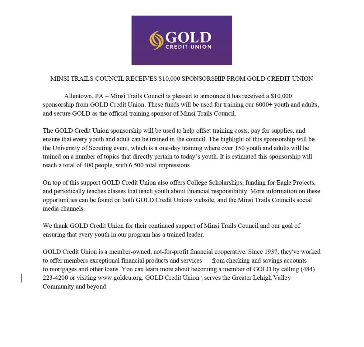 minsitrailsbsa's tweet image. Thank you to our 2023 training sponsor #goldcreditunion. We appreciate your support. #allentown #lehighvalley