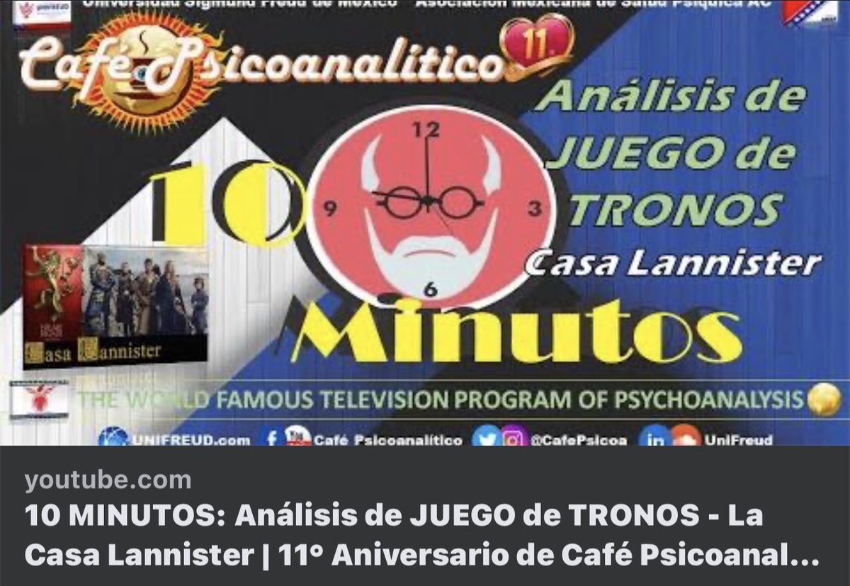 CafePsicoa's tweet image. En @CafePsicoa tratamos el tema: ANÁLISIS DE LA SERIE "#JUEGO DE #TRONOS" - LA CASA #LANNISTER

#unifreud #CafePsicoanalitico #psicoanalisis #psicopatologia #psicoterapia #SigmundFreud #PsicoanalisisMexico #PsicoanalisisGuadalajara #PsicoanalisisArgentina
youtube.com/watch?v=kBalGP…