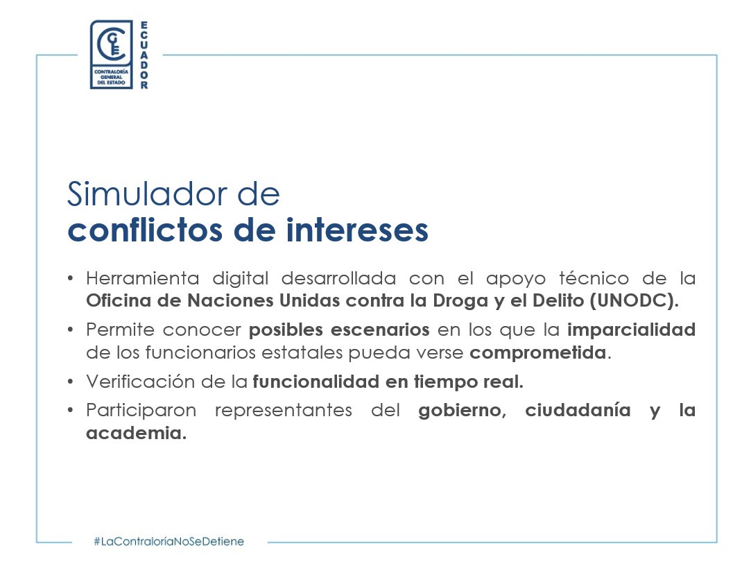 ContraloriaECU's tweet photo. #InformeLabores I Como parte de la lucha contra la corrupción, en 2022 la CGE implementó el Simulador de Conflictos de Interés, que permite conocer posibles escenarios en los que la imparcialidad de los funcionarios estatales pueda verse comprometida. @AsambleaEcuador https://t.co/tYNERBQMNa