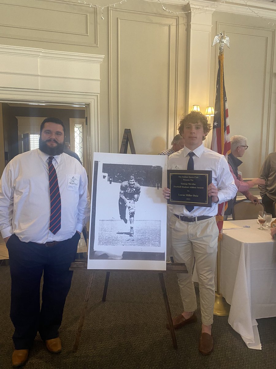 I am honored to be a guest at the Croasdaile Country Club today to celebrate <a href="/LukeDale_23/">Luke Dale</a>, the <a href="/durhamsports/">Durham Sports Club</a> George McAfee Football Student Athlete Scholarship Award winner. On behalf of all <a href="/JHSFalcons/">Jordan High School</a>, we are so proud of you!
