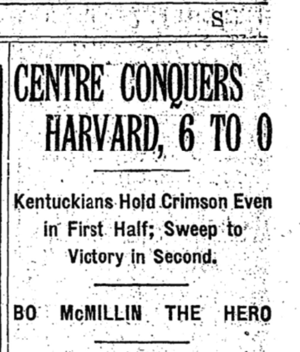 Centre, with a student body of 274, knocks off a powerhouse. Centre, with a student body of 274, ended Harvard’s 25 game unbeaten streak dating back 3 seasons; one of the biggest upsets in history. Centre 6 Harvard 0 October 29, 1921. #CollegeFootball <a href="/CentreFootball/">Centre College Football</a> #GoldRush