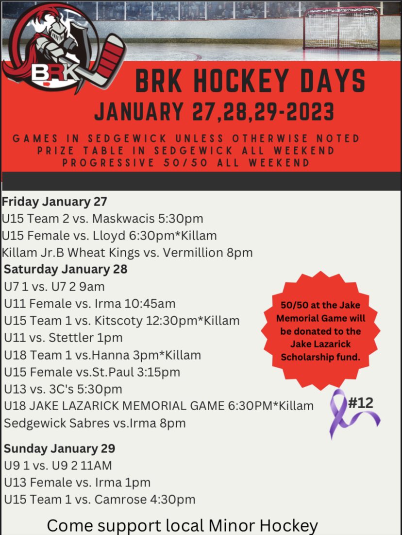 BRK Minor Hockey Days are back! Come join us for a weekend of fun and excitement, Jan 27-29, with some great hockey, a progressive 50/50, prize tables, and the @KillamWheatKing playing Vermillion in Sedgewick! #BRK #MinorHockey #KillamWheatKings